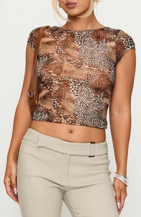 Animal Print Cap Sleeve Open Back Crop Top