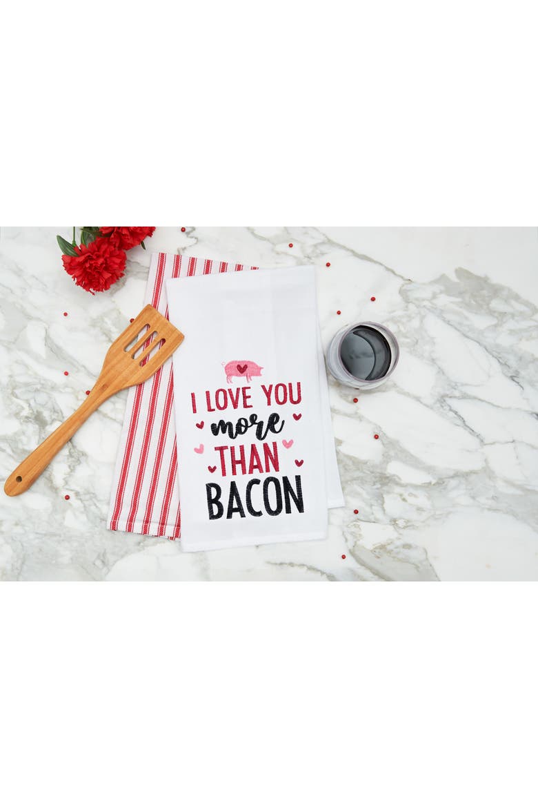 "I Love You More Than Bacon" Piggy 100% Cotton Flour Sack Valentine's Day Dishtowel, Alternate, color, red