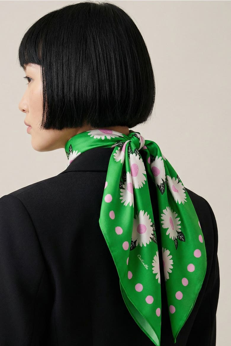 White Flower Silk Large Square Scarf, Alternate, color, Green