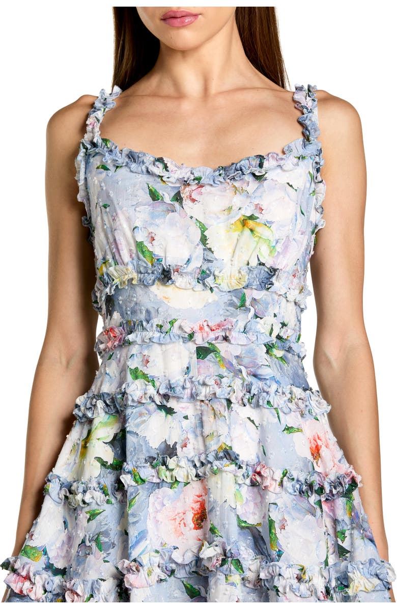 Mac Duggal Floral Square Neck Ruffle Mini Dress, Alternate, color, Platinum Multi