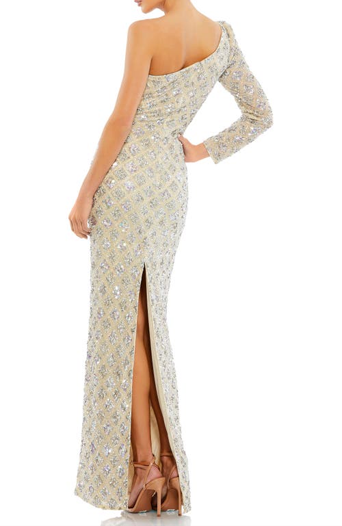 Mac Duggal Asymmetrical Single Long Puff Sleeve Hand Embellished Gown In Shimmering Gold