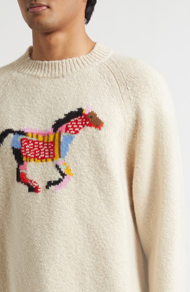 The Elder Statesman Glacier Horse Intarsia Slub Cashmere Crewneck Sweater, Alternate, color, Ecru