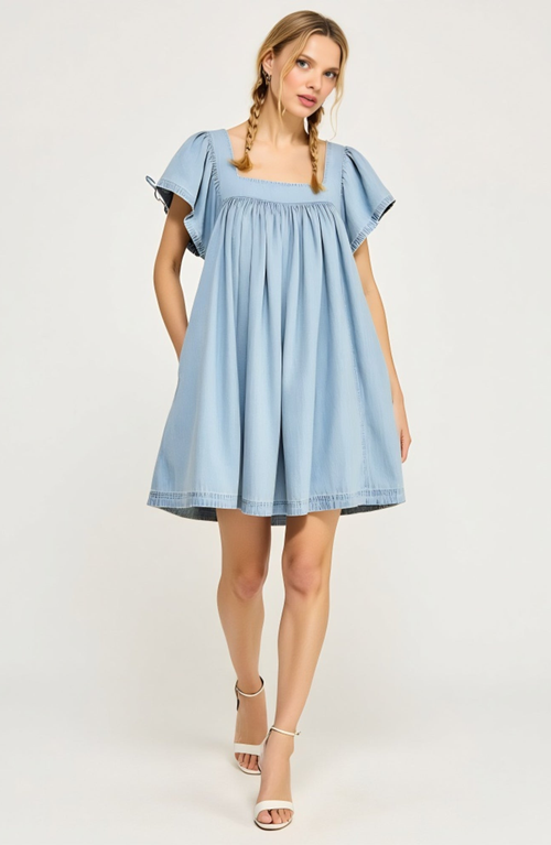 Modenaire Babydoll Dress With Square Neck And Flutter Sleeves In Blue