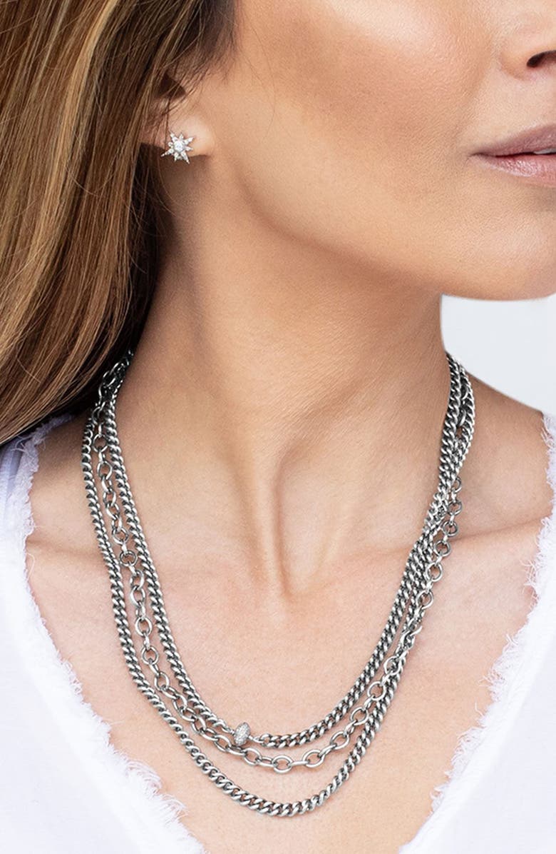 Sheryl Lowe Triple Chain Necklace With Diamond Donut, Alternate, color, Sterling Silver