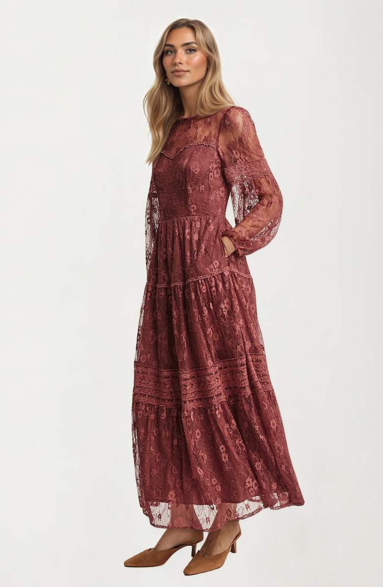 Knit and Lounge Long Sleeve Lace Tiered Maxi Dress, Alternate, color, 
