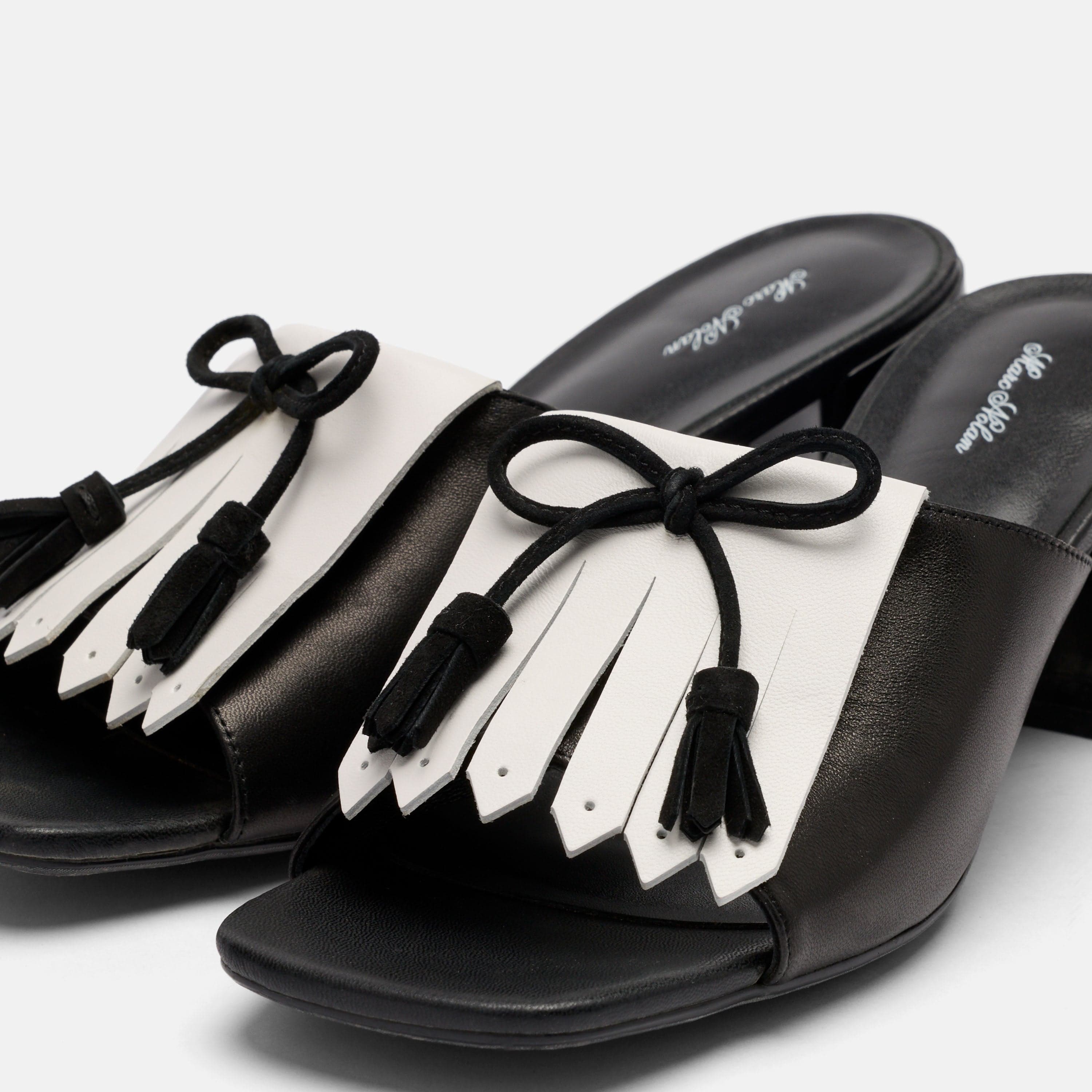 MARC NOLAN Sienna Calf Leather Tassel Block Heel Mules, Alternate, color, Black/White