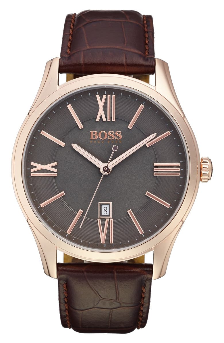 BOSS 'Ambassador' Embossed Leather Strap Watch, 43mm, Main, color, 