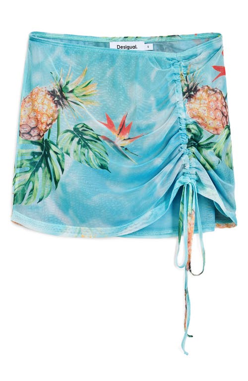Desigual Tropical Print Ruched Cover-up Miniskirt In Light Turquoise