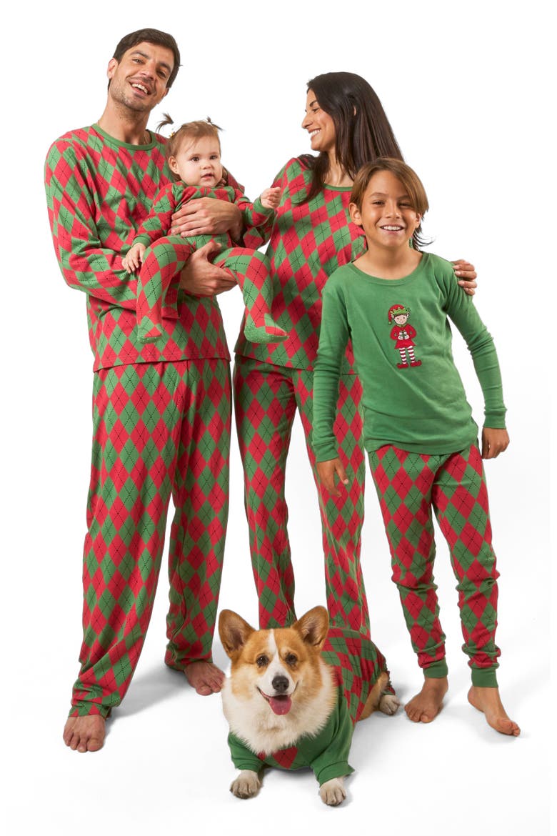 Kids Footed Printed Cotton Matching Family Holiday Pajamas, Argyles & Holiday Prints, Alternate, color, Argyle Red & Green