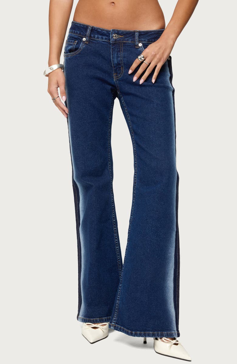 EDIKTED Airbrushed Low Rise Flare Jeans, Main, color, Dark-Blue-Washed