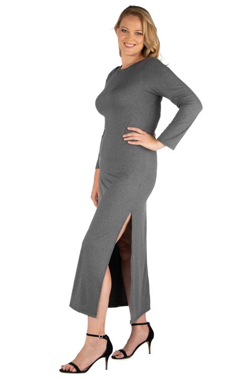 24seven Comfort Apparel Plus Size Long Sleeve Side Slit Fitted Black Maxi Dress In Gray
