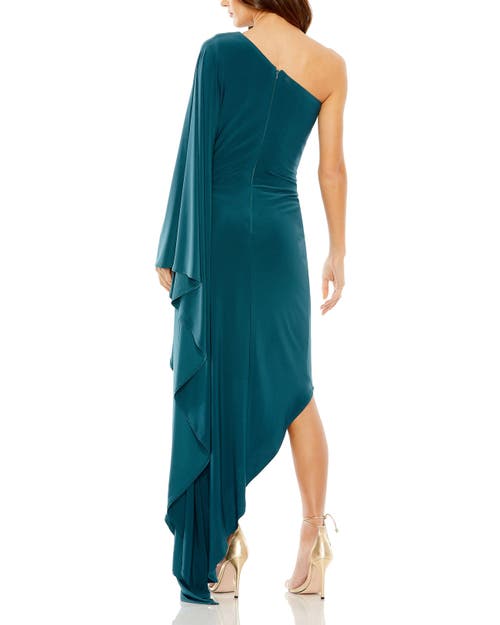 Mac Duggal One Shoulder Cape Sleeve Ruched Detail Jersey Gown