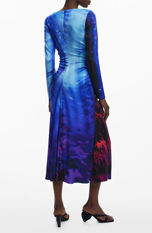 Desigual Tie Dye Pattern Long Sleeve Midi Dress In Blue