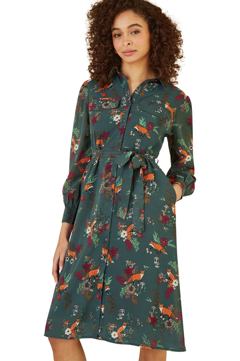 Fox Print Shirt Midi Dress, Alternate, color, Green