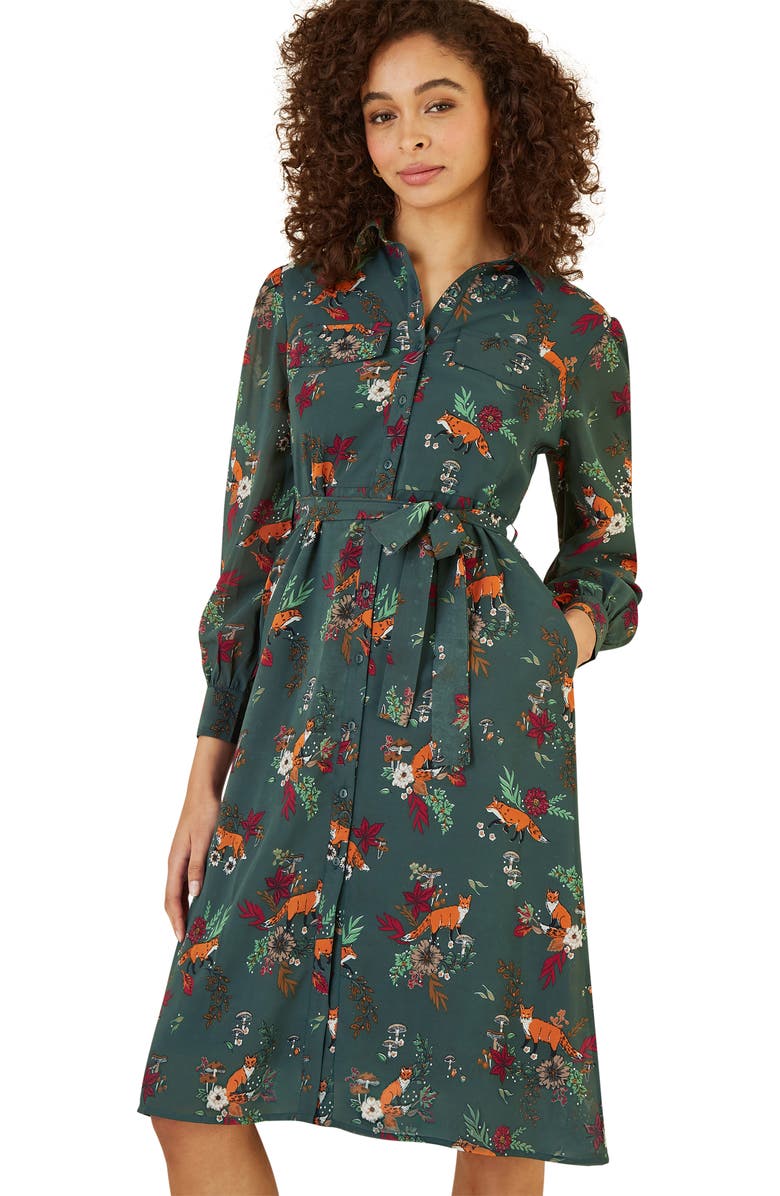 Yumi Fox Print Shirt Midi Dress, Alternate, color, Green
