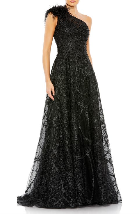 Embellished One-Shoulder A-Line Gown with Feather Accent