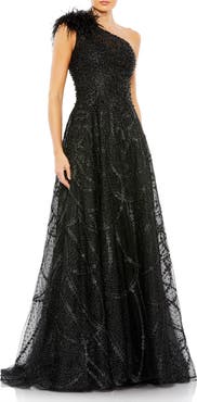 Mac Duggal Embellished One-Shoulder A-Line Gown with Feather Accent