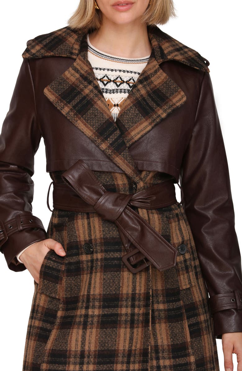 Avec Les Filles Plaid Faux Leather Trim Double Breasted Coat, Alternate, color,