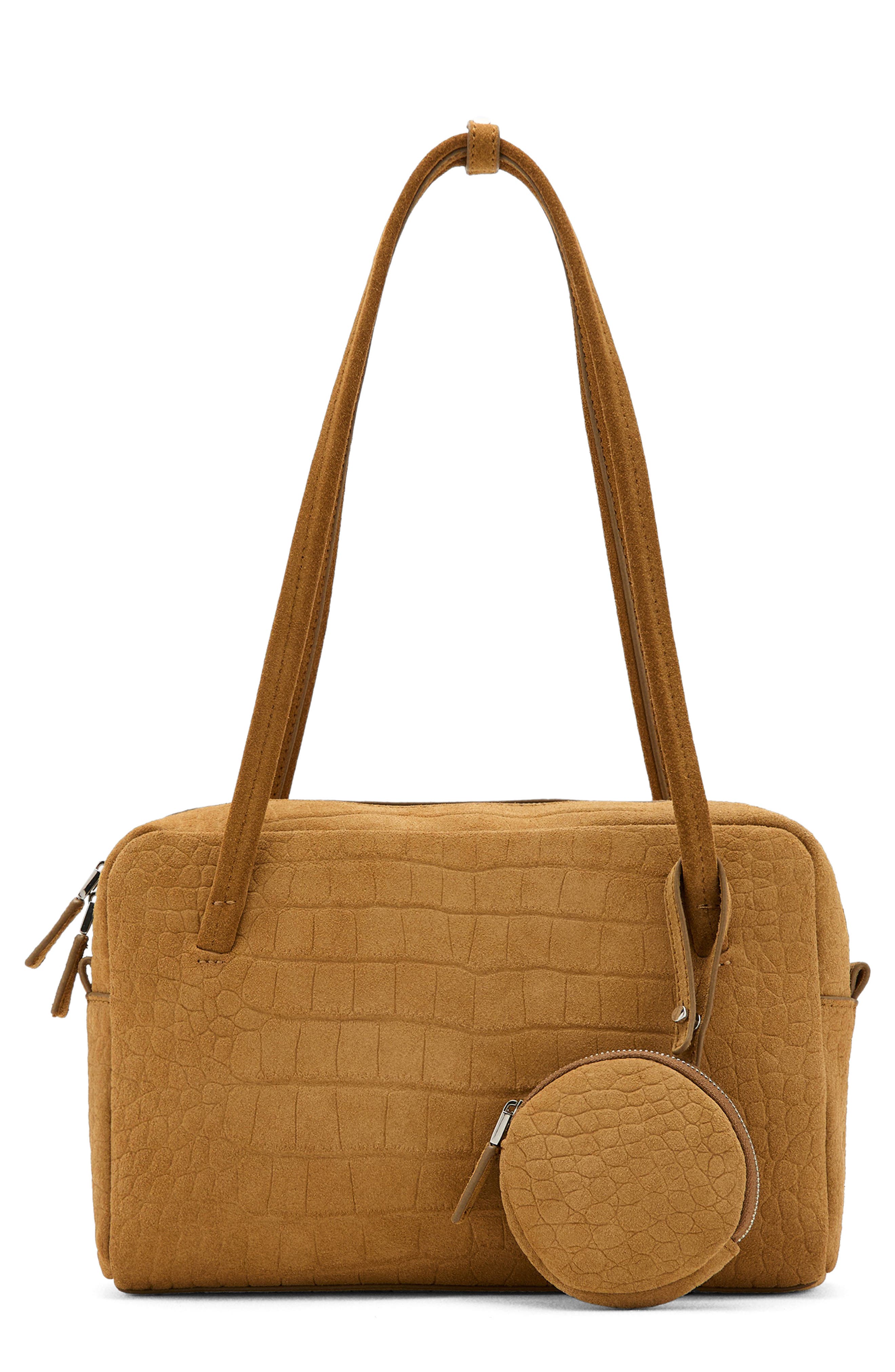 MANGO Small Suede Bowling Bag, Main, color, Ochre
