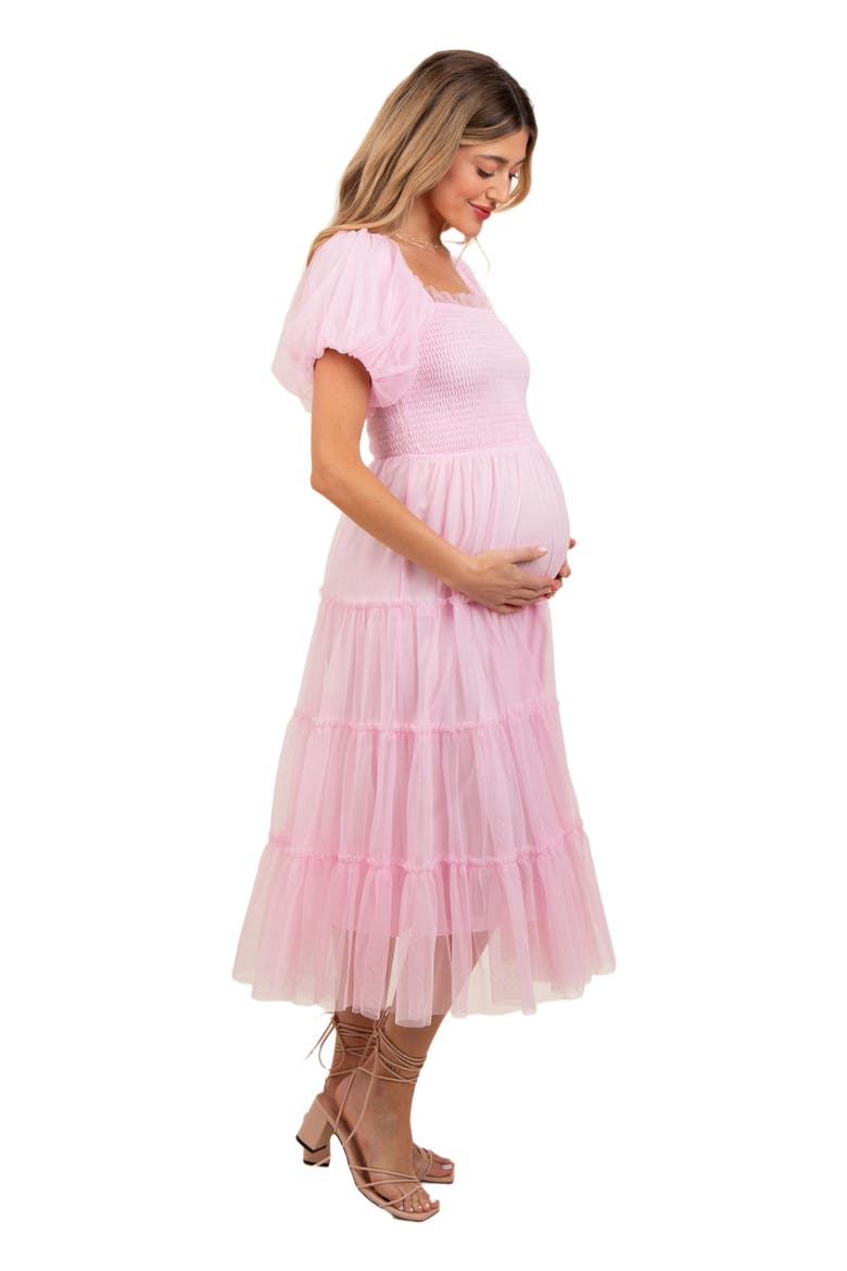 Smocked Tiered Tulle Midi Dress, Alternate, color, Light Pink