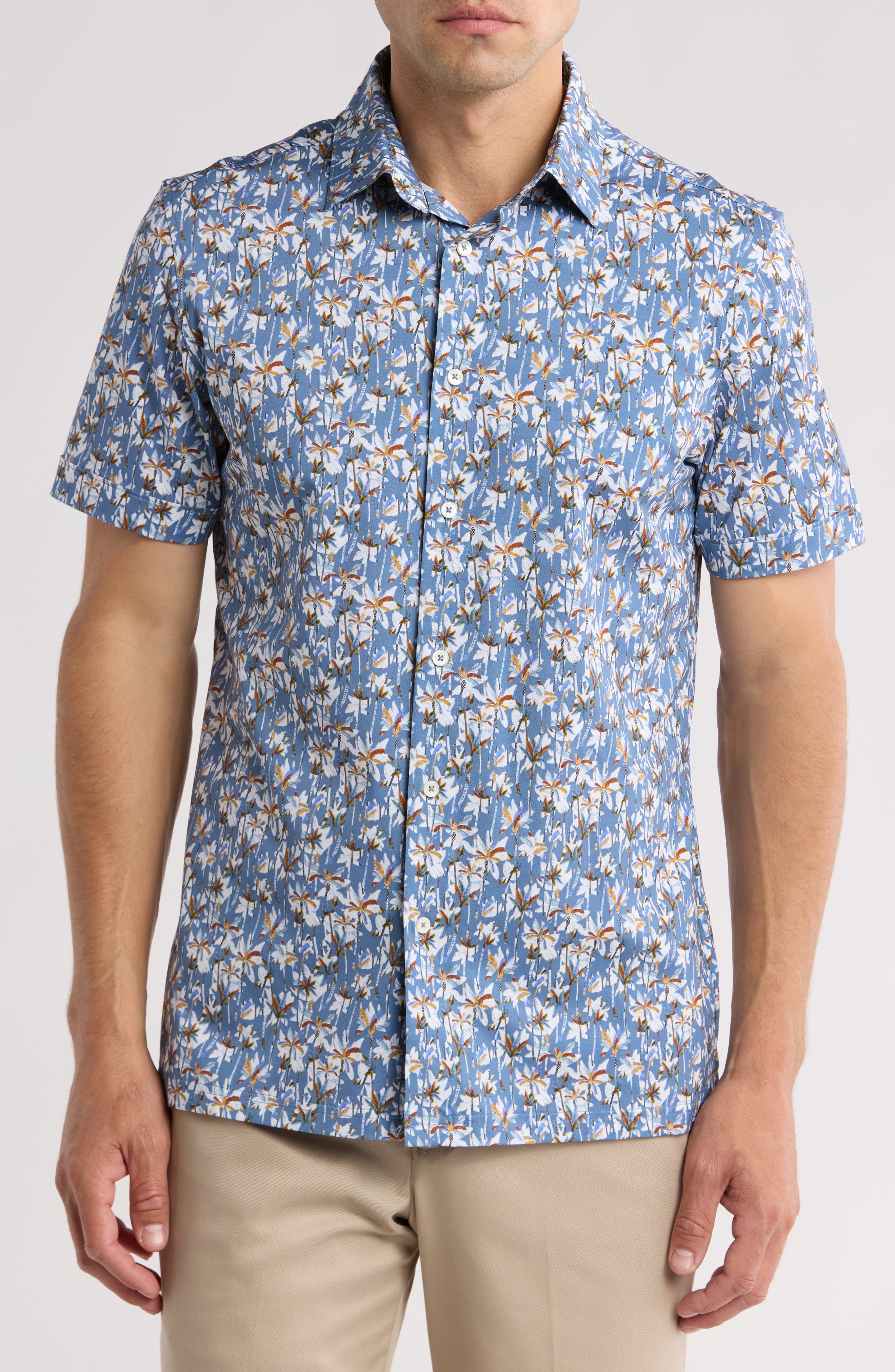 Bugatchi Trim Fit Palm Print Short Sleeve Stretch Cotton Button-Up Shirt