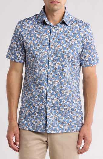 Bugatchi Trim Fit Palm Print Short Sleeve Stretch Cotton Button-Up Shirt