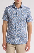 Bugatchi Trim Fit Palm Print Short Sleeve Stretch Cotton Button-Up Shirt