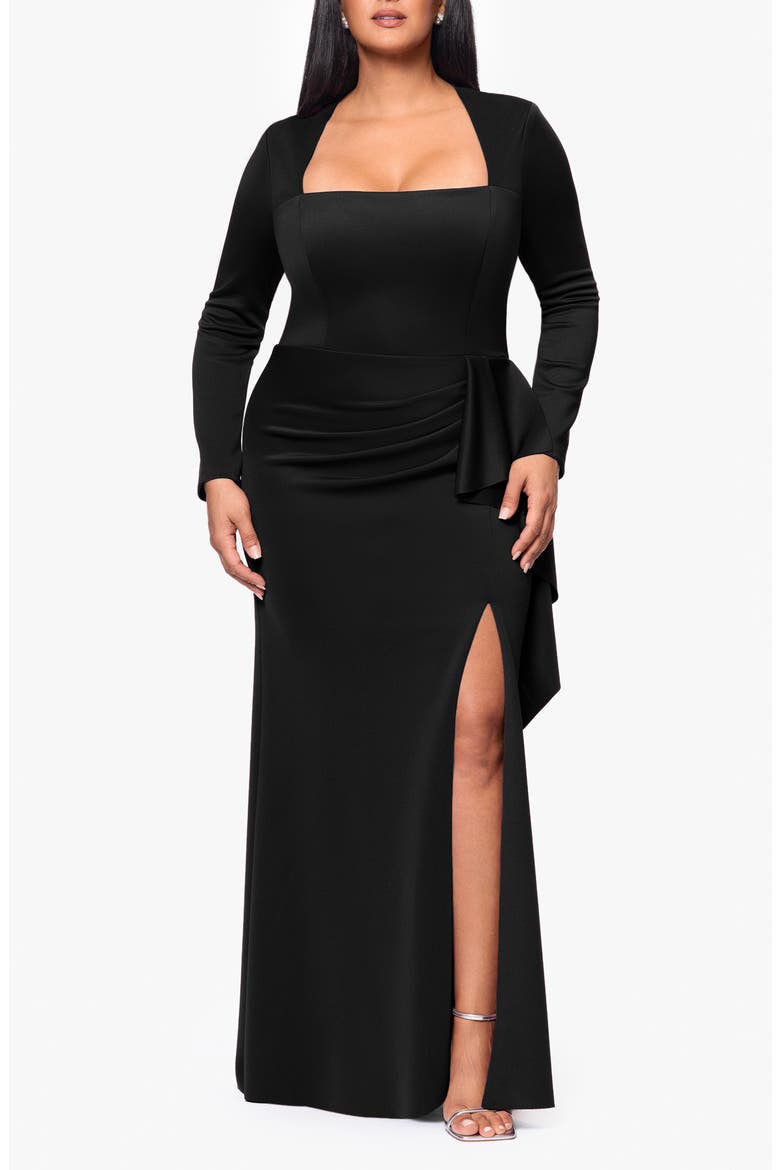 Side Ruffle Long Sleeve Scuba Knit Gown, Main, color, BLACK