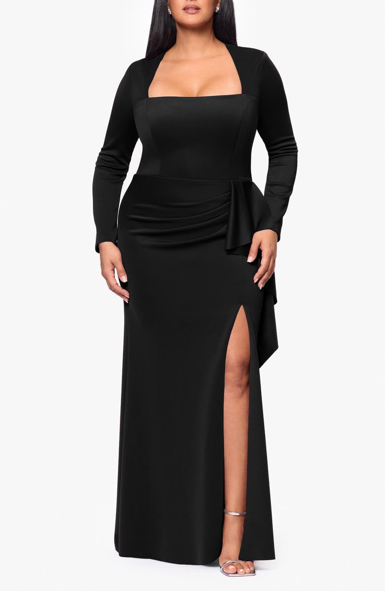 Xscape Evenings Side Ruffle Long Sleeve Scuba Knit Gown, Main, color,