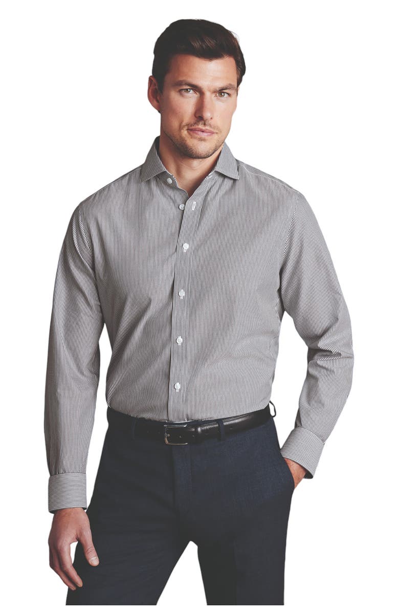 Charles Tyrwhitt Stripe Non-Iron Button-Down Oxford Slim Fit Shirt Single Cuff, Main, color, Black