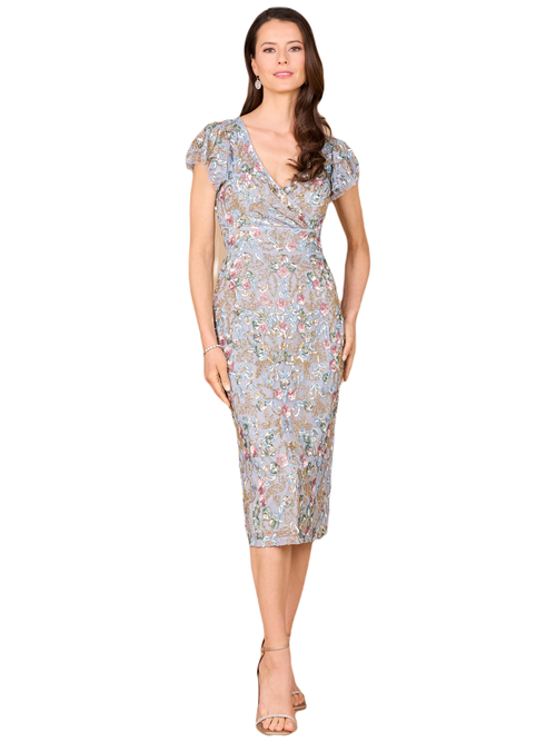 Lara New York Floral Beaded Midi Dress In Grey/multi