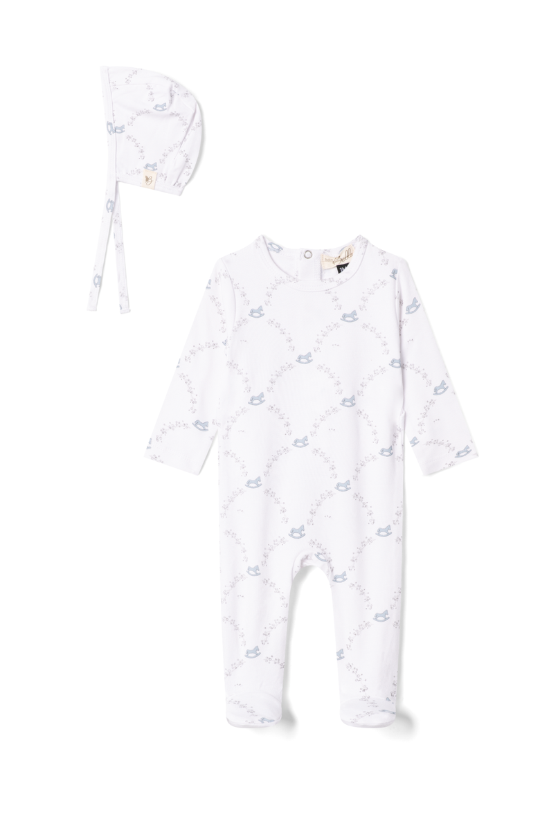Bebe Bella Rocking Horse Print Romper with Hat, Main, color, White
