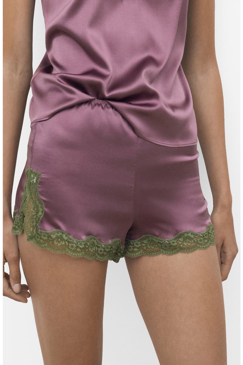 Contrast Lace Trim Stretch Silk Pajama Shorts, Main, color, PLUM