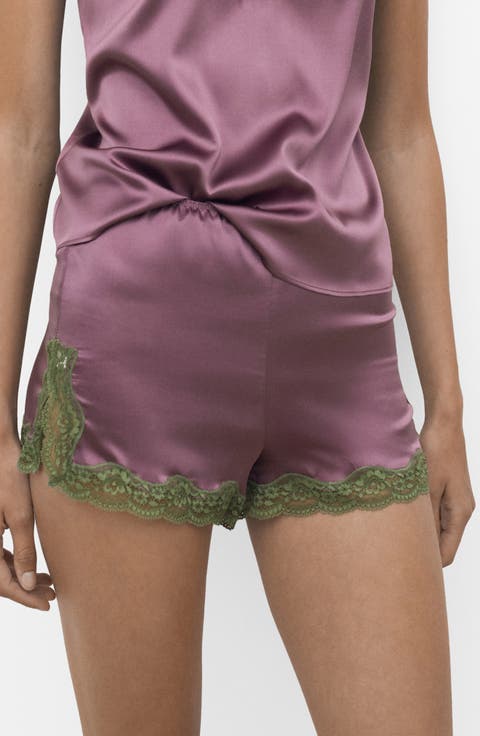 Contrast Lace Trim Stretch Silk Pajama Shorts