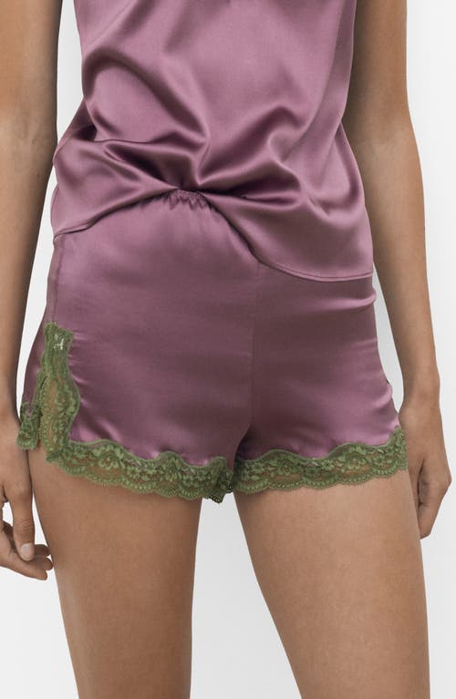 Mango Contrast Lace Trim Stretch Silk Pajama Shorts In Purple