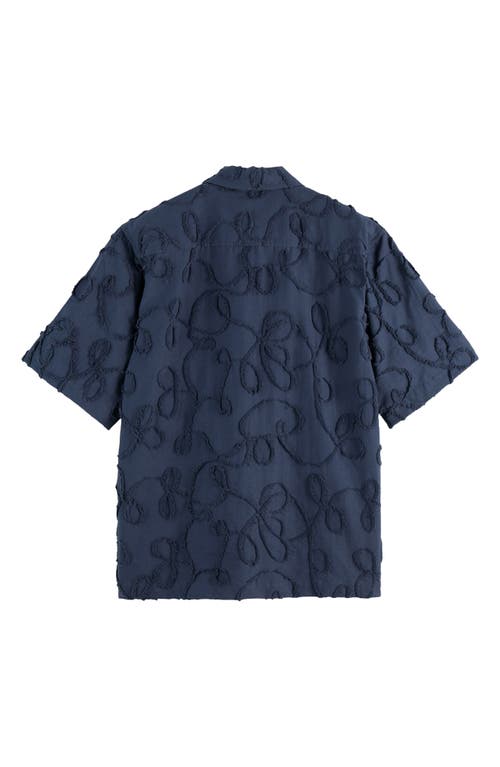 Scotch & Soda Oversize Textured Short Sleeve Cotton Blend Button-up Shirt In Blue