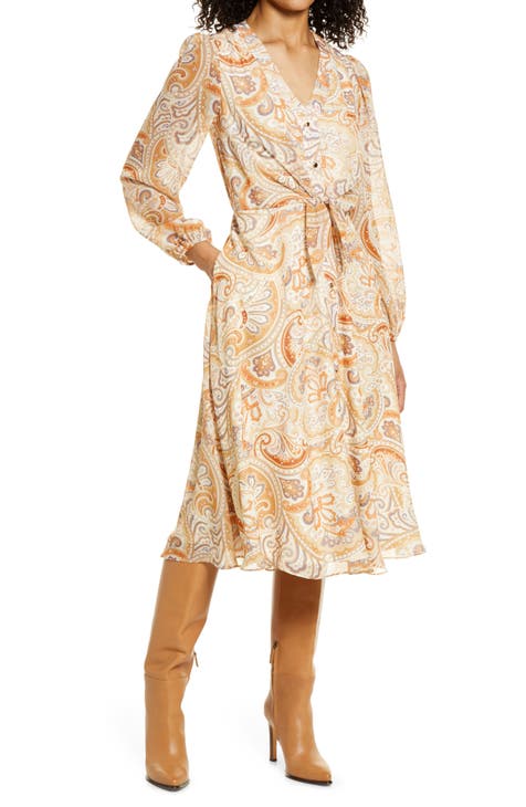 Paisley Tie Waist A-Line Long Sleeve Dress