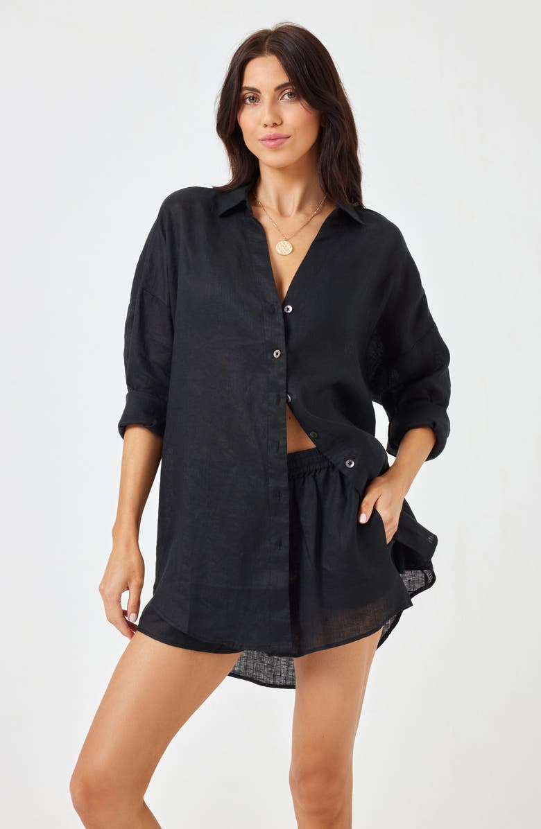 LSPACE Rio Linen Cover-Up Drawstring Shorts, Alternate, color, Black