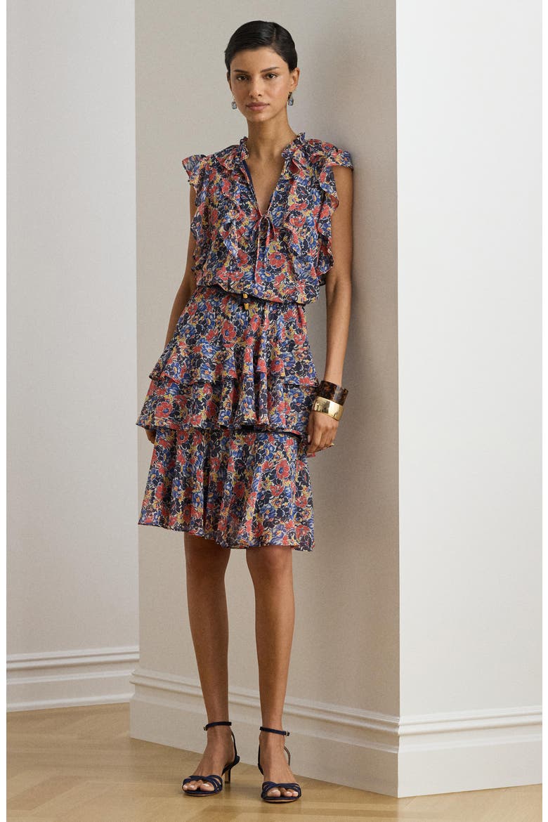Floral Tiered Georgette Dress, Alternate, color, CREAM/ RED/ BLUE