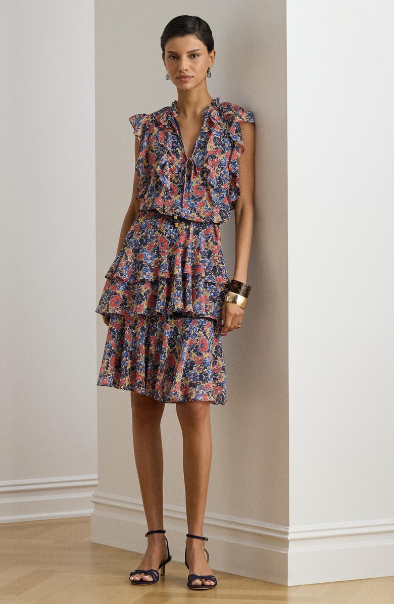 Lauren Ralph Lauren Floral Tiered Georgette Dress, Alternate, color, Cream/ Red/ Blue