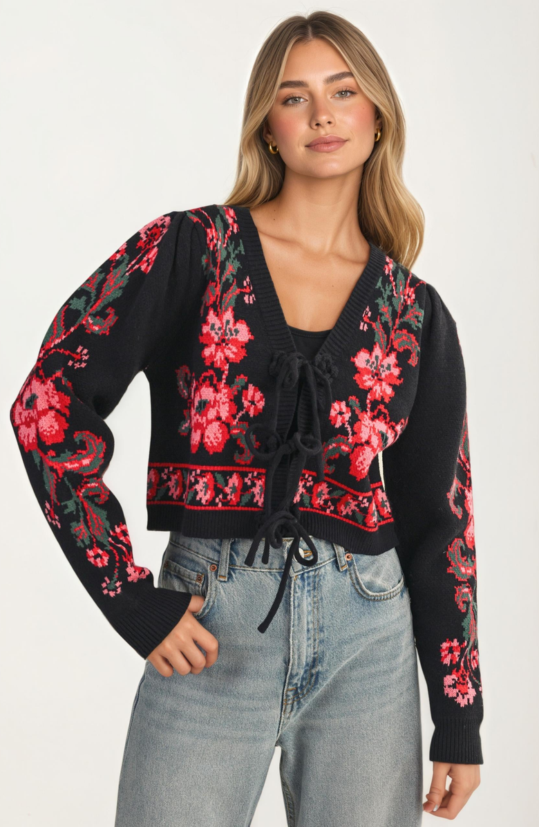 Knit and Lounge Floral Knit Tie-Front Puff-Sleeve Cardigan, Alternate, color, Black Floral