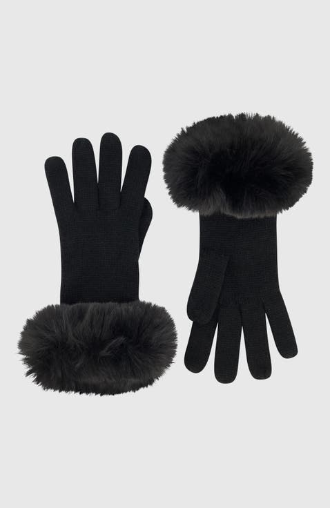 Knit Gloves With Fur-Free Fox (Faux Fur) Trim