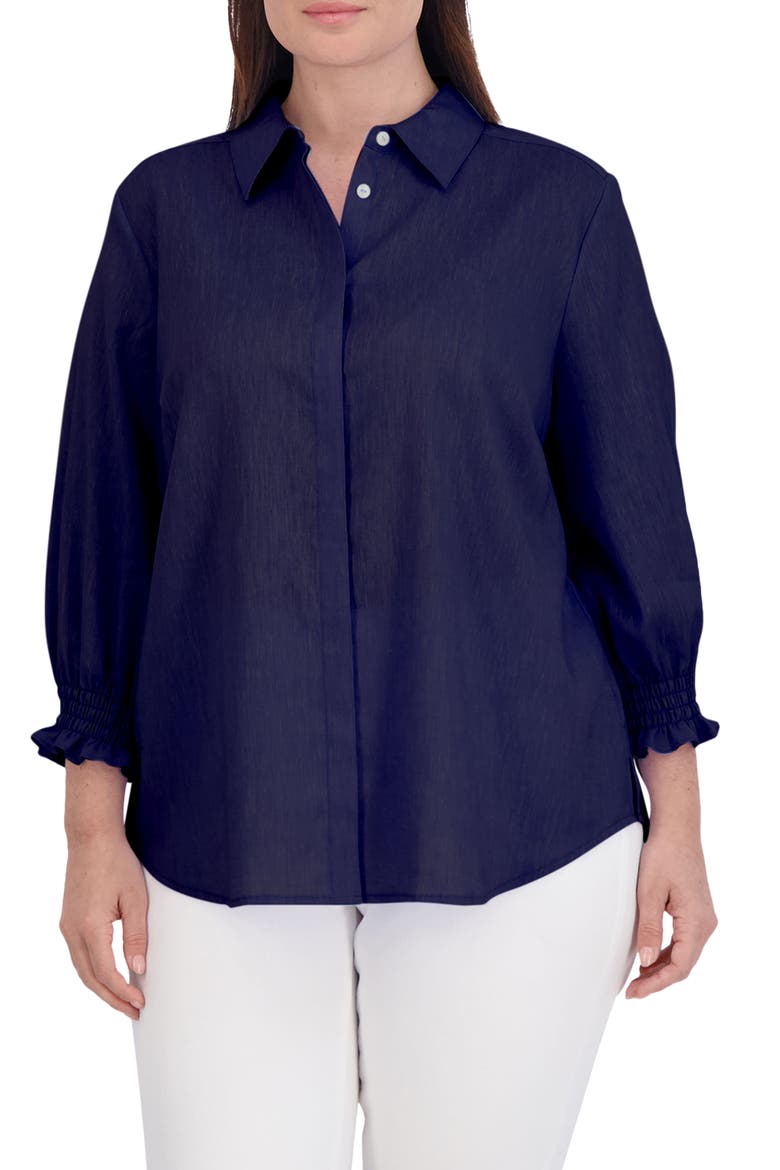 Olivia Bracelet Sleeve Hidden Placket Linen Blend Top, Main, color, NAVY