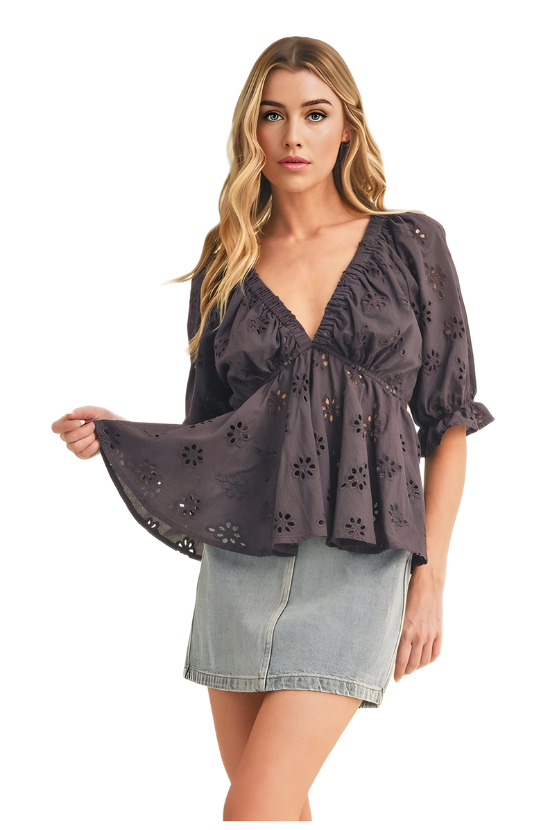 Knit and Lounge Eyelet Peplum Top with Puff Sleeves, Main, color, Dark Gray