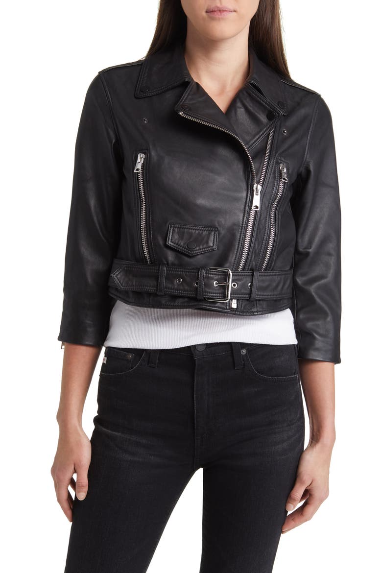 Brookes Crop Leather Biker Jacket, Alternate, color, BLACK