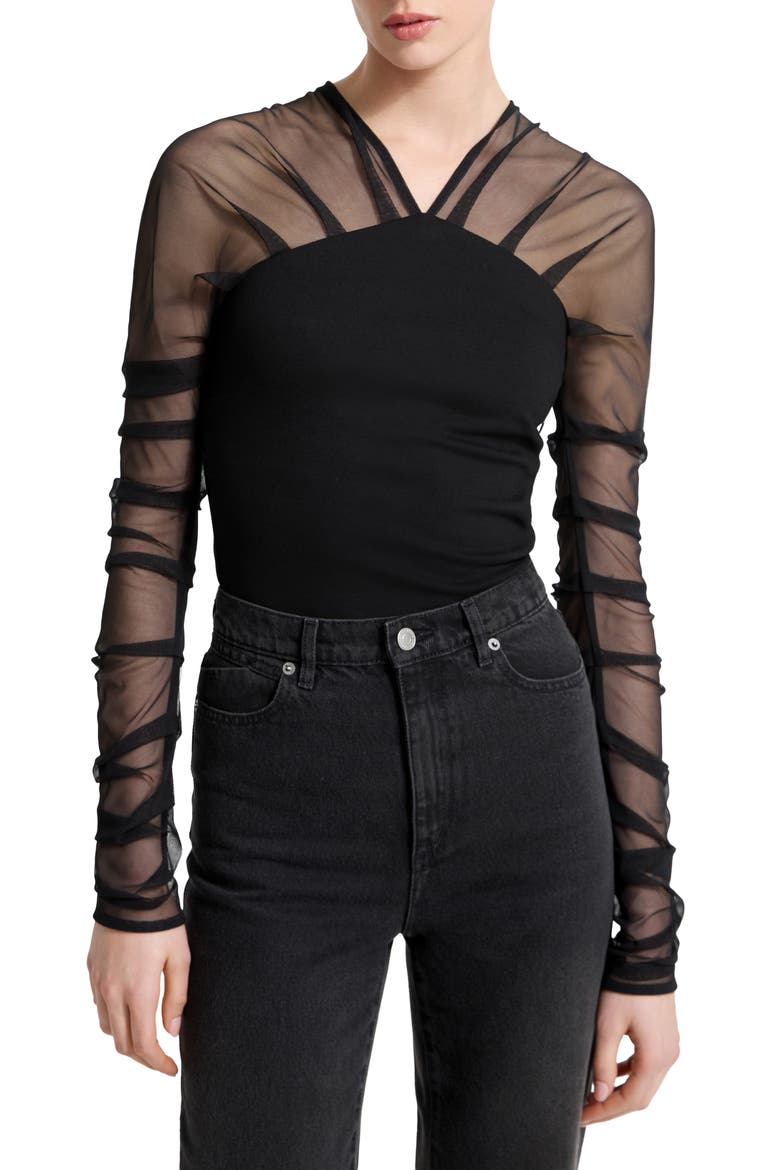 Lita Mesh & Ponte Top, Main, color, BLACK