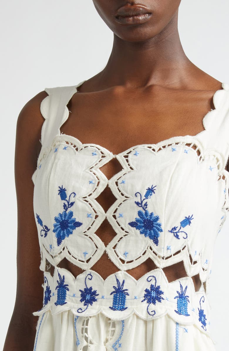 FARM Rio Richilieu Embroidered Linen Blend Midi Sundress, Alternate, color, Off-White
