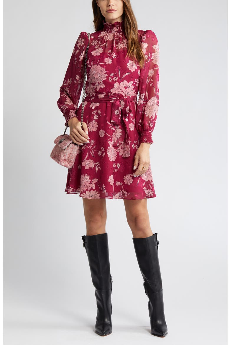 Floral Long Sleeve Mock Neck Dress, Main, color, BERRY