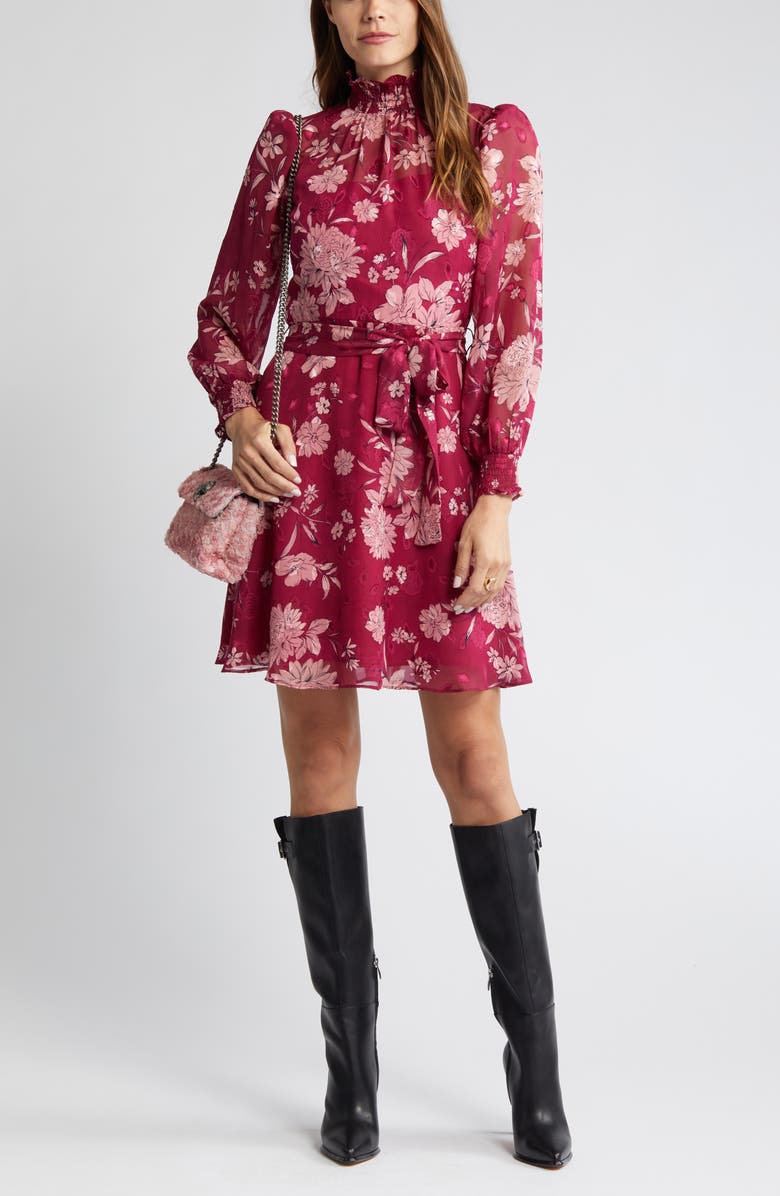 Eliza J Floral Long Sleeve Mock Neck Dress, Main, color, Berry