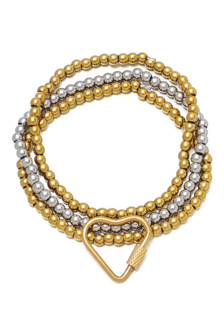 Set of 3 Two-Tone Heart Carabiner Beaded Stretch Bracelets, Alternate, color, GOLD/ SILVER
